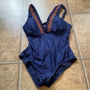Splendid Navy One Piece Swimsuit with Embroidery Detail